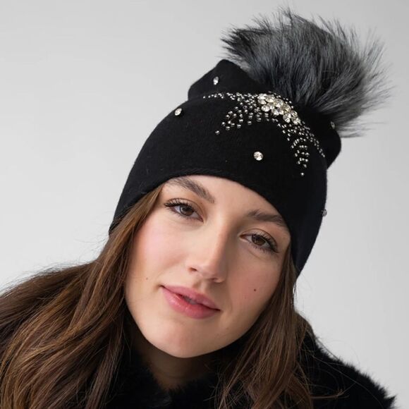 NWT New Adrienne Landau Black Crystal Embellished Wool Star Pom Pom Hat/Beanie main image 10